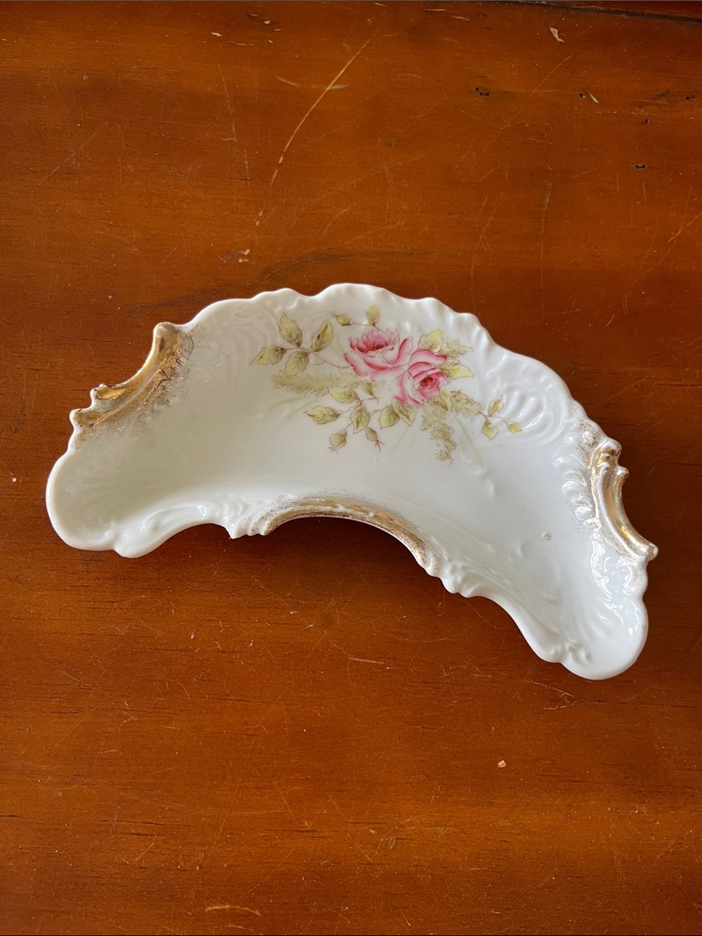 Vintage Dresden White Porcelain Bone Plate Dish Pink Roses & Gold Trim Germany
